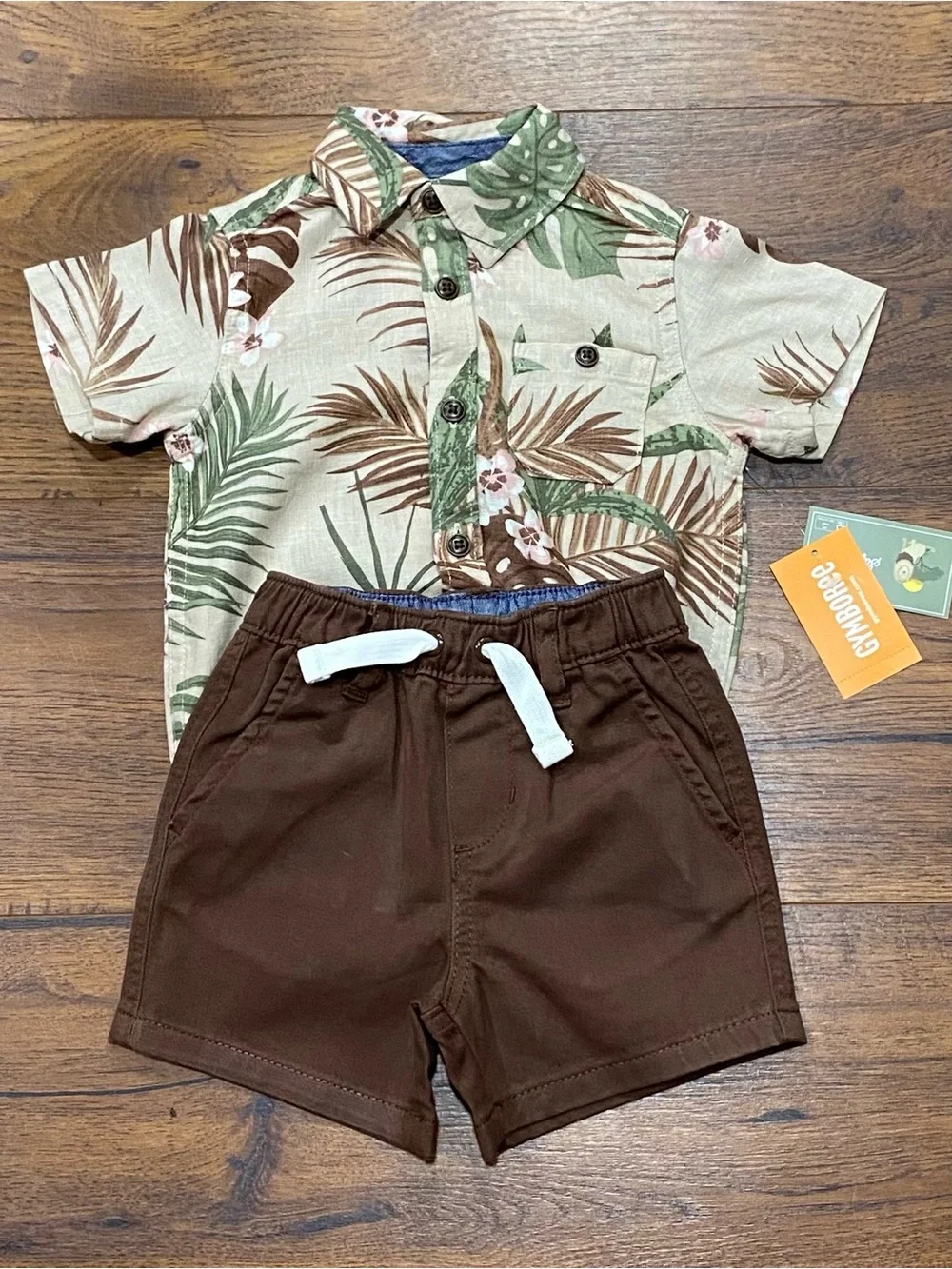 Gymboree Boys ‘Safari’ Tropical Print Bodysuit with Brown Shorts 6-9 Months